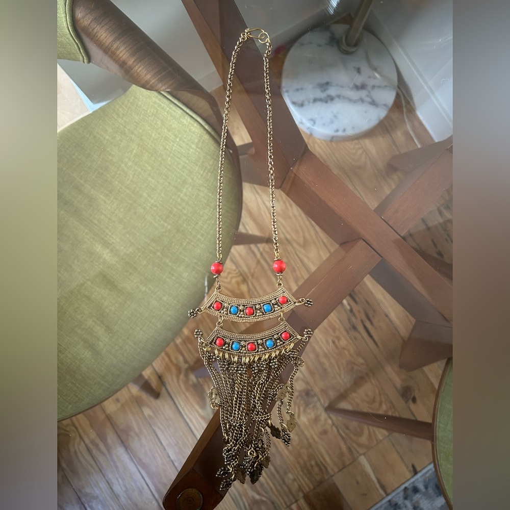 Bohemian Gold Necklace with Red and Blue Accents